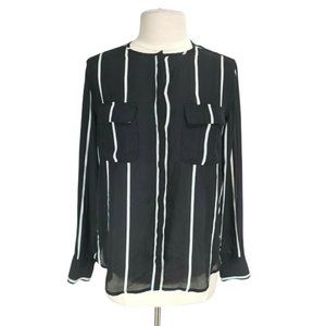 Who What Wear Black White Striped Button Up Blouse Women Size M Crew Neck
